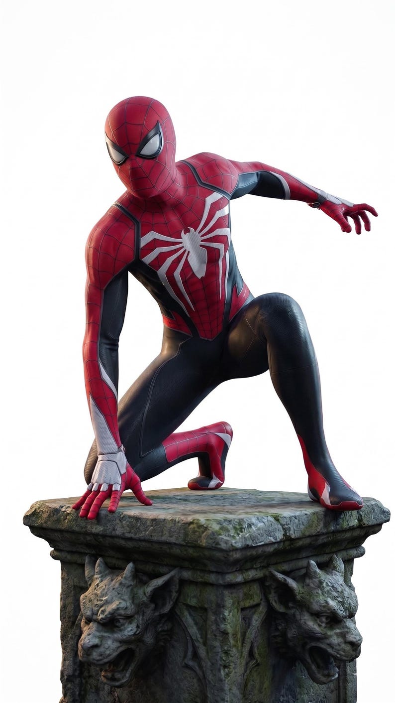 May include: A Spider-Man figure in a dynamic pose, kneeling on a stone pedestal. The costume is primarily red and black with a white spider emblem on the chest. The figure has a detailed mask and is set against a white background.