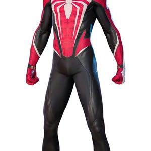 May include: A full-body costume in red, black, and white, featuring a spider emblem on the chest. The suit has a mask with white eye shapes and a web-like pattern. The costume is form-fitting and appears to be made of a flexible material.