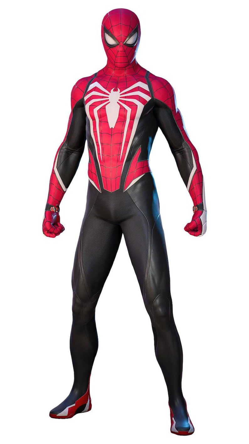 May include: A full-body costume in red, black, and white, featuring a spider emblem on the chest. The suit has a mask with white eye shapes and a web-like pattern. The costume is form-fitting and appears to be made of a flexible material.