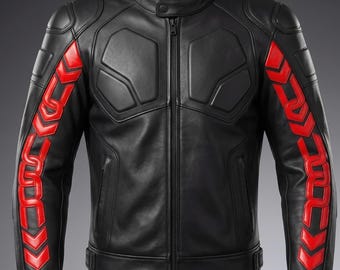Black Fitted Motorcycle Leather Jacket - Cowhide Night Armored for Winter, Futuristic Wear