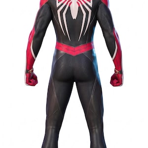 May include: A black and red superhero suit with a white spider emblem on the back. The suit features a red hood, shoulders, and accents, with black panels and red gloves and boots. The design is sleek and form-fitting.