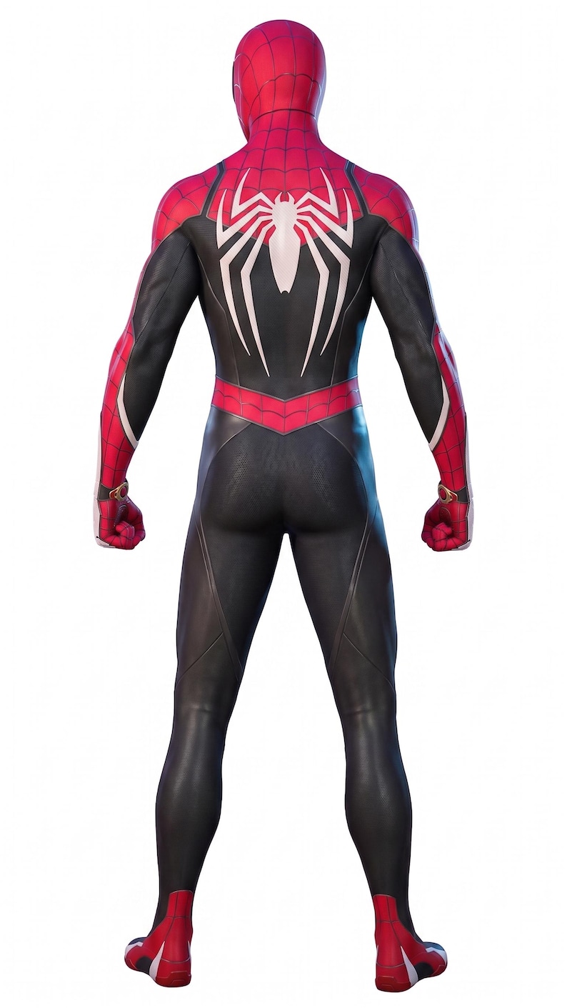 May include: A black and red superhero suit with a white spider emblem on the back. The suit features a red hood, shoulders, and accents, with black panels and red gloves and boots. The design is sleek and form-fitting.