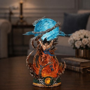 May include: A detailed figurine of a character from Dragon Ball Z. The figure is in a dynamic pose, surrounded by fiery orange and blue energy effects. The character is wearing an orange outfit with blue accents, and the base has a detailed design.