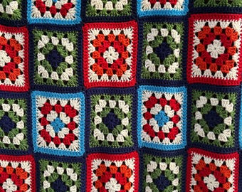 Très grand couvre-lit bohème vintage 70s fait main en laine - Pièce unique