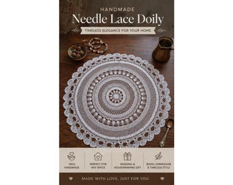 Large Needle Lace Doily, Handmade Lace Table Centerpiece, Farmhouse Table Decor, White Lace Doily, Boho Home Decor, Wedding Gift