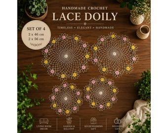 Juego de 4 tapetes de encaje de ganchillo hechos a mano / Tapete de algodón floral / Centro de mesa / Decoración rústica para el hogar / Regalo de inauguración de casa / Regalo de boda