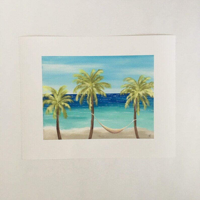 Beach Giclee Print Of Original Art Painting Palm Trees Hammock Ocean Seaside Coastal Vacation Poster Sunshine Blue Sky Day Cruise Breeze Sea