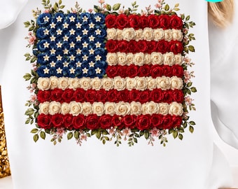 アメリカ国旗とバラのPNG画像：愛国的なアメリカ独立250周年記念PNG画像、アメリカ国旗と花柄のPNG画像（デジタルダウンロード）