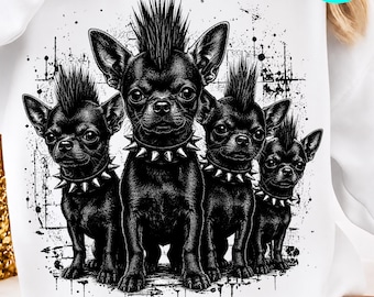 Chihuahua Punk com Coleira de Espinhos PNG: Gráfico Vintage Retrô de Cachorro, Imagem PNG para Amantes de Animais de Estimação Góticos, Design Arrojado de Chihuahua (Download Digital)