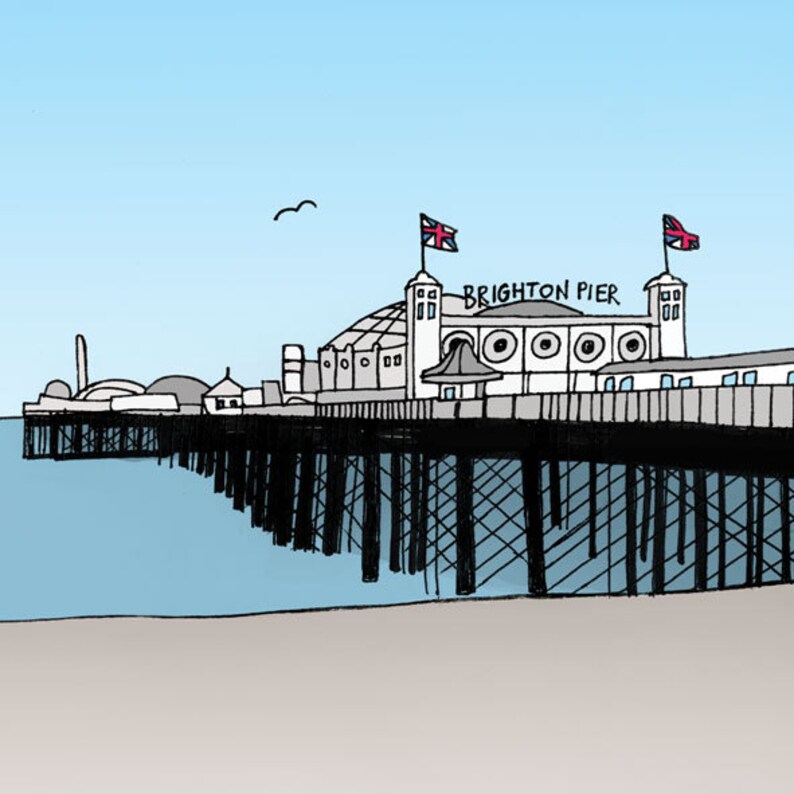Brighton Pier Sussex Square Hand Drawn Seaside Illustration Etsy
