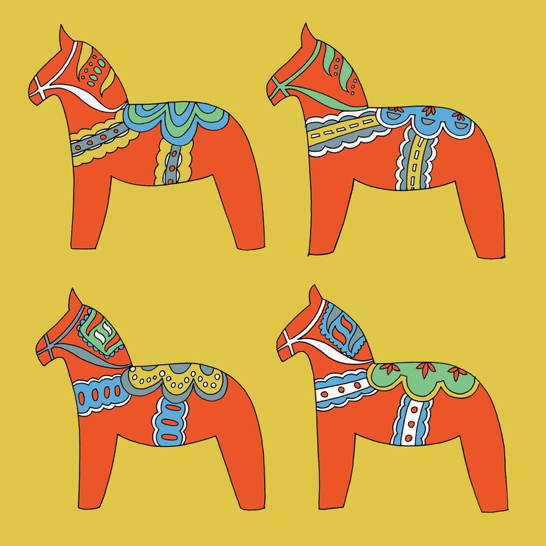 Swedish Dala Horse Square Hand Drawn Illustration Print | Etsy