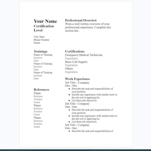 Puede incluir: Una plantilla de currículum vitae con secciones para información personal, resumen profesional, formación, certificaciones, experiencia laboral y referencias. Texto negro sobre fondo blanco.