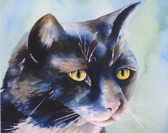 Black and white cat print watercolor art painting 8x10 ready to gift or frame