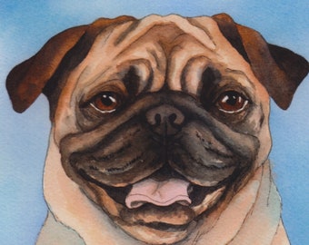 Pug dog portrait painting watercolor dog art print