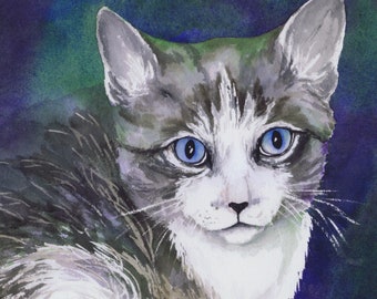 Grey and white kitten cat print watercolor art painting 8x10 ready to gift or frame