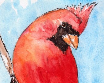 Red cardinal bird watercolor original painting 5x7