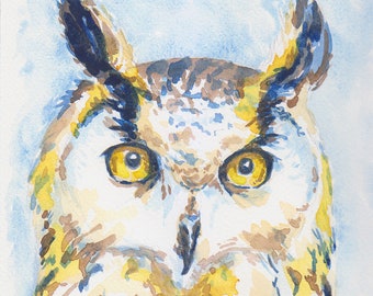8x10 Original watercolor painting of a Horny owl, wildlife artwork