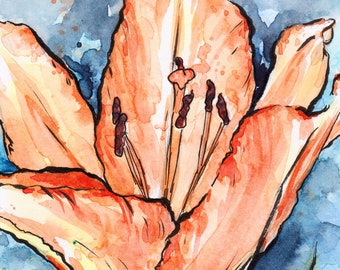 Orange lily flower, original watercolor floral painting,Watercolor pen and ink Lily watercolor painting, lily artwork, floral art wall decor