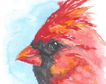 Cardinal bird original watercolor gouache painting bird lover gift Cardinal close up