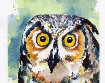 Watercolor art print, 5x7 reproduction print of a colorful owl, nursery artwork, baby room wall decor