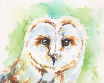 5 x 7 watercolor print, reproduction print of a watercolor painting, barn owl, nursery artwork, baby room wall decor