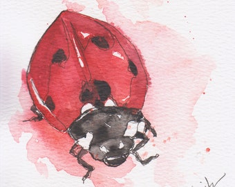 Ladybug line and wash original watercolor painting 6x8