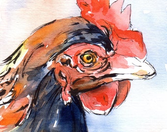 Original illustration watercolor painting of a red rooster 5x7