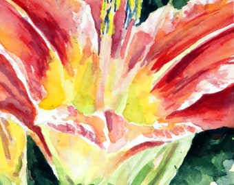 Red and yellow lily flower watercolor art print, 5x7, reproduction. ready to gift or frame