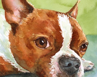 Original watercolor Boston Terrier dog pet portrait painting, dog lover gift, ready to gift or frame