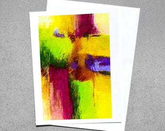 Carte de voeux vierge abstraite jaune, rose et verte, photo représentant une peinture technique mixte pastel