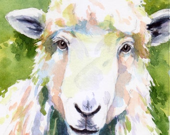 Sheep watercolor original art, Nursery artwork, watercolor pen and ink painting, barn yard animal, nursery wall decor