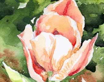 Original watercolor painting pink tulip in Sunshine 5x7 wall art