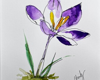 Purple crocus flower line and wash original watercolor pen and ink painting
