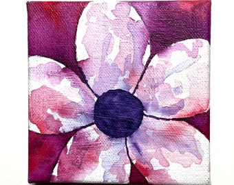 Mini watercolor canvas painting pink magenta white flower floral artwork
