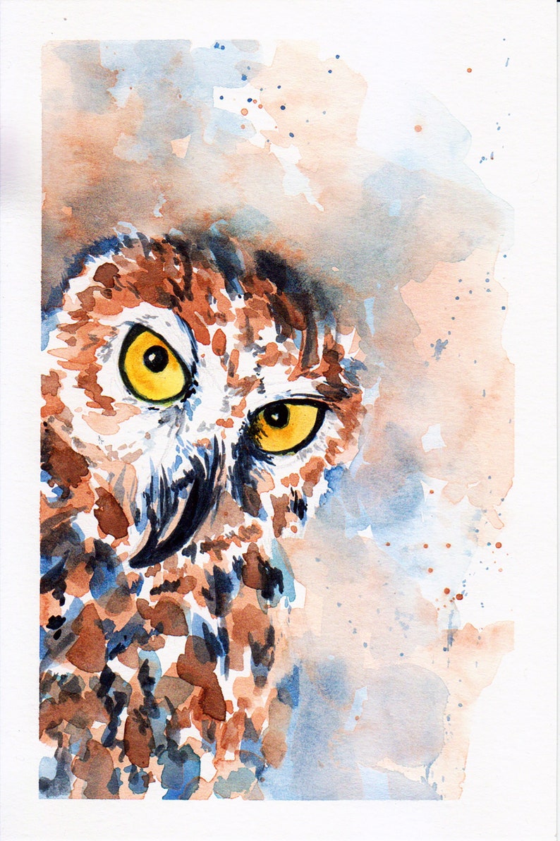 Watercolor art print, 5x7 reproduction print of an owl peeking around the corner, nursery artwork, baby room wall decor image 1