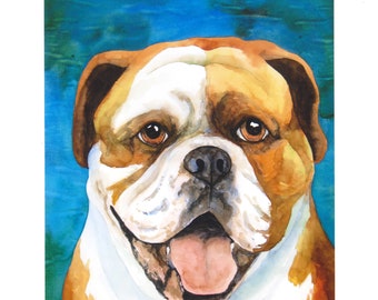 Smiling Bull dog print watercolor pet portrait 8x10 reproduction artwork ready to gift or frame