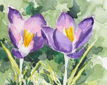 Purple spring crocus flower original square watercolor painting