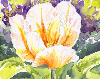 Yellow spring tulip flower original square watercolor painting