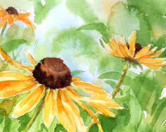 Floral watercolor 5x7 print, flower print painting, yellow daisy flower, black eyed Susan flower, ready to gift or frame, floral art