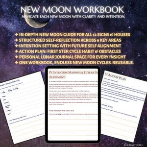 Könnte beinhalten: Ein digitales Arbeitsbuch mit dem Titel New Moon Workbook mit Text, der einen ausführlichen Leitfaden für 12 Zeichen, Selbstreflexionsbereiche, Zielsetzung und Aktionspläne beschreibt. Das Display zeigt Seiten mit den Titeln Current Energy Check-In.