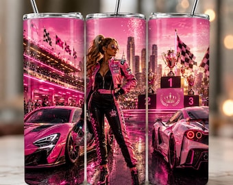 Pink Race Car Tumbler Wrap PNG, Racing Girl Tumbler Design, Motorsport Sublimation, 20oz Skinny Tumbler Wrap
