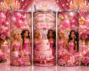 Princess Birthday Tumbler Wrap PNG, Barbie Birthday Tumbler Wrap, Personalized Birthday Girl Tumbler Design, 20oz Skinny Tumbler PNG