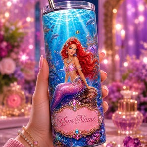 Mermaid Princess Tumbler Wrap PNG, Ariel Inspired Birthday Gift for Girls, 20oz Skinny Tumbler Sublimation Design image 2