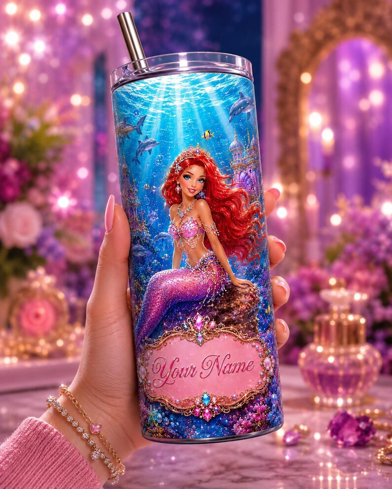 Mermaid Princess Tumbler Wrap PNG, Ariel Inspired Birthday Gift for Girls, 20oz Skinny Tumbler Sublimation Design image 2
