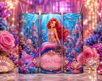 Mermaid Princess Tumbler Wrap PNG, Ariel Inspired Birthday Gift for Girls, 20oz Skinny Tumbler Sublimation Design