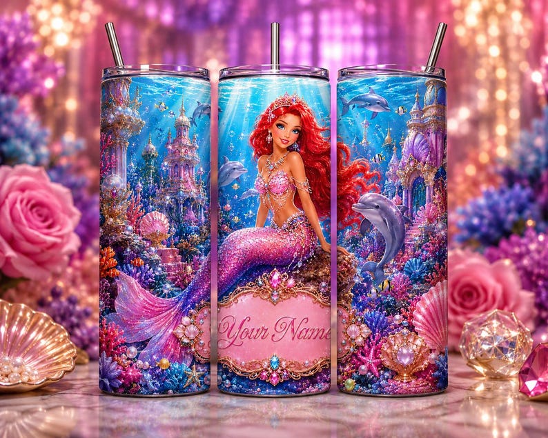 May include: A cylindrical metal tumbler with a straw featuring a vibrant underwater scene with a red-haired mermaid, dolphins, and a coral reef. The design includes a decorative pink frame with the placeholder text Your Name in cursive script.