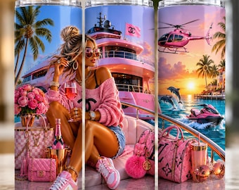 Luxury Pink Yacht Tumbler Wrap PNG, Glam Life Tumbler Design, Fashion Girl Sublimation, 20oz Skinny Tumbler Wrap