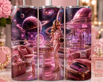 Space Barbie Tumbler Wrap PNG, Pink Galaxy Tumbler Design, Astronaut Girl Sublimation, 20oz Skinny Tumbler Wrap