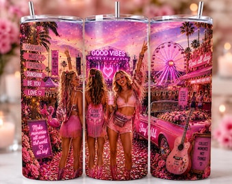 Pink Festival Tumbler Wrap PNG, Good Vibes Tumbler Design, Summer Fairground Sublimation, 20oz Skinny Tumbler Wrap