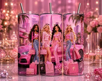 Barbie Tumbler Wrap PNG, Fashion Doll Tumbler Design, Pink Shopping Girl Gift, Barbie Inspired Cup Wrap, 20oz Skinny Tumbler PNG